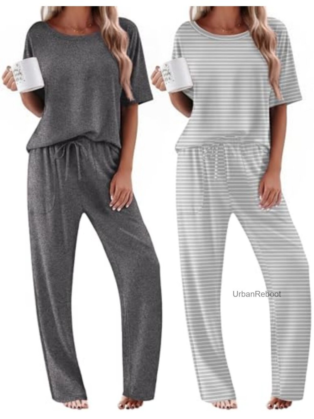 2 Pack Women's Pajama Sets Short Sleeve Long Pants Lounge Set with Pockets,